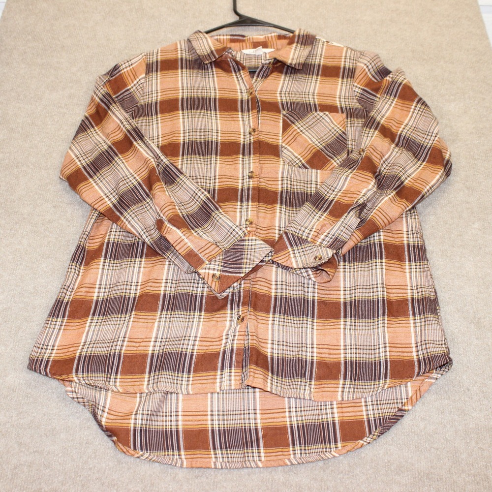 Linda Anderson Plaid Lace Back Button Up Shirt Brown Orange Metallic Large